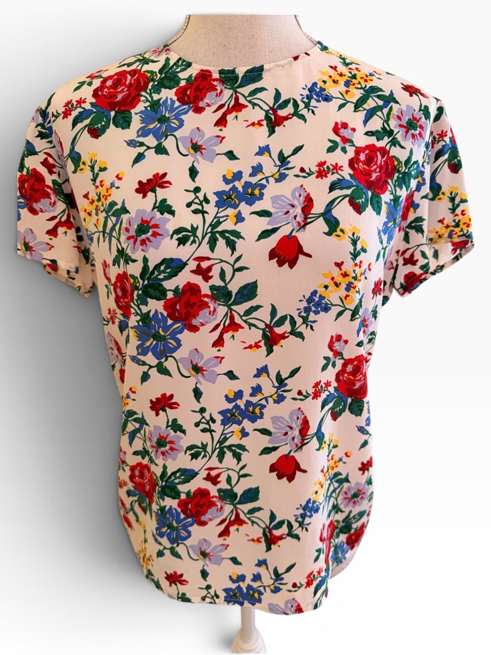 Alcott & Andrews Silk Cream with Red/Blue Floral Print Short Sleeve Shirt 6